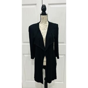 MING WANG Black Open Front Long Knit Cardigan Sweater Ribbed Tunic Top Small